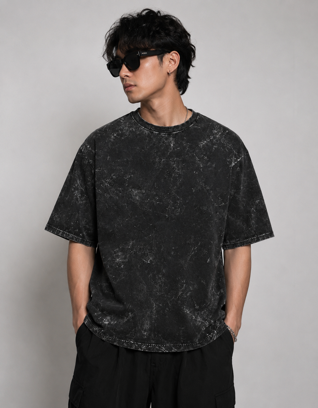 Acid Washed Black Oversized Plain T-Shirt