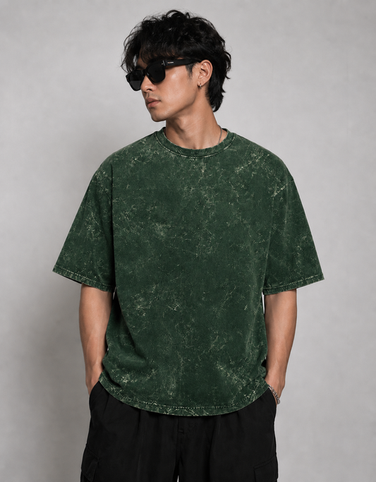Acid Washed Green Oversized Plain T-Shirt