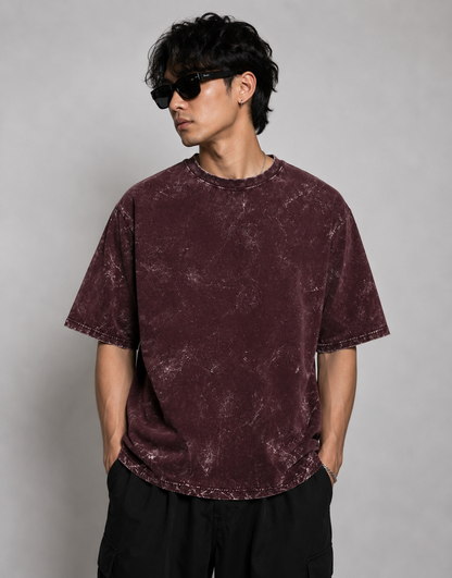 Acid Washed Maroon Oversized Plain T-Shirt
