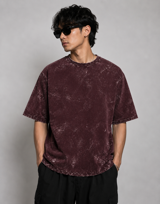 Acid Washed Maroon Oversized Plain T-Shirt