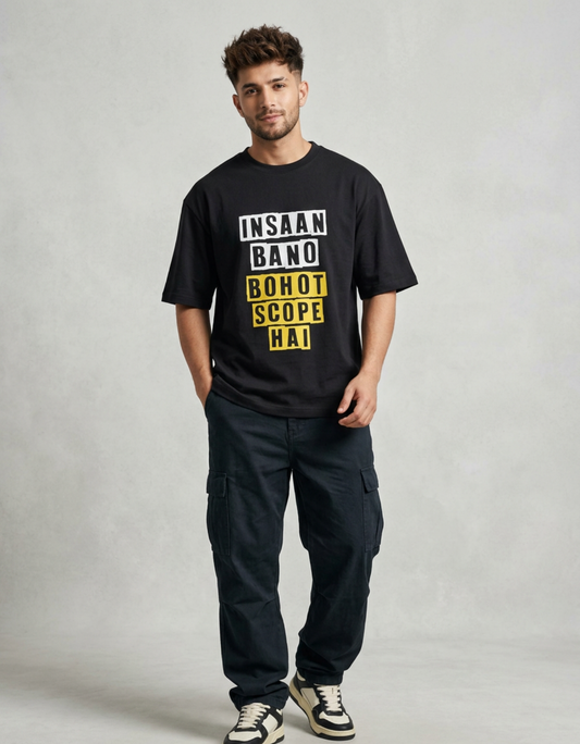 Insaan Bano Black Oversized Printed T-Shirt (180 GSM)